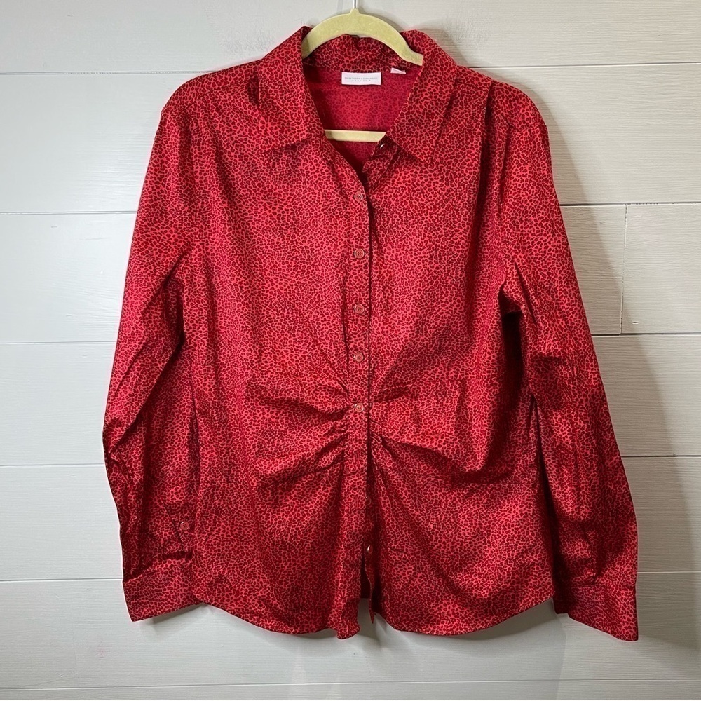 New York & Company | Red Leopard Print Buttoned Blouse Top Size XL